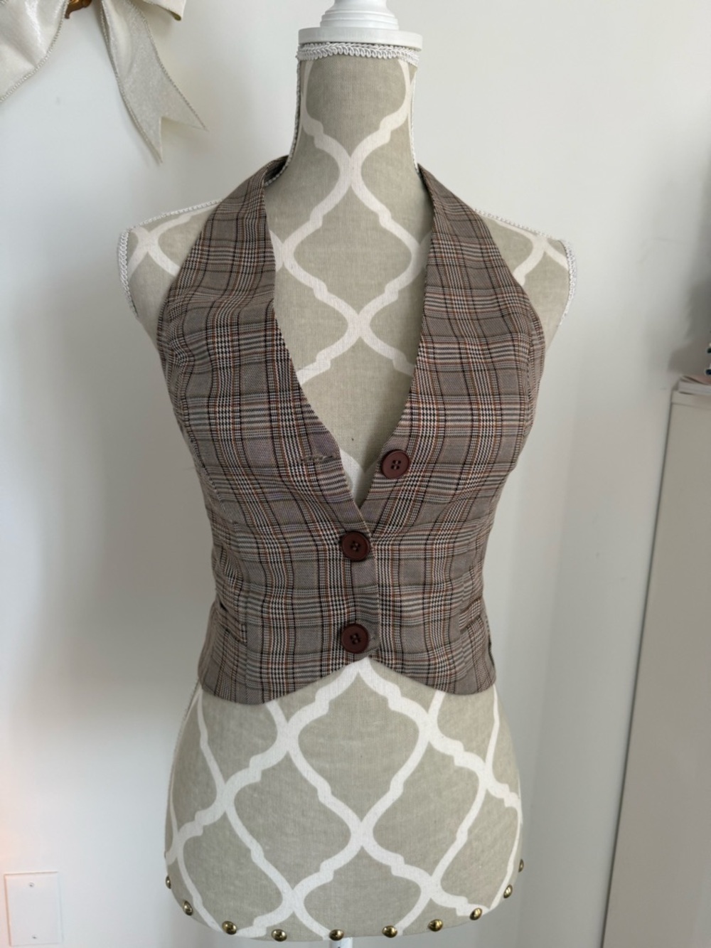 Plaid Halter Vest Top in Brown - Women's Tailored Waistcoat